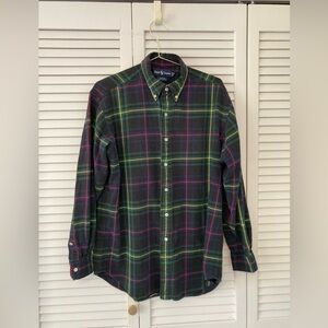 Ralph Lauren Men's Blake Navy + Green Cotton Flannel Plaid Long Sleeve Shirt Med